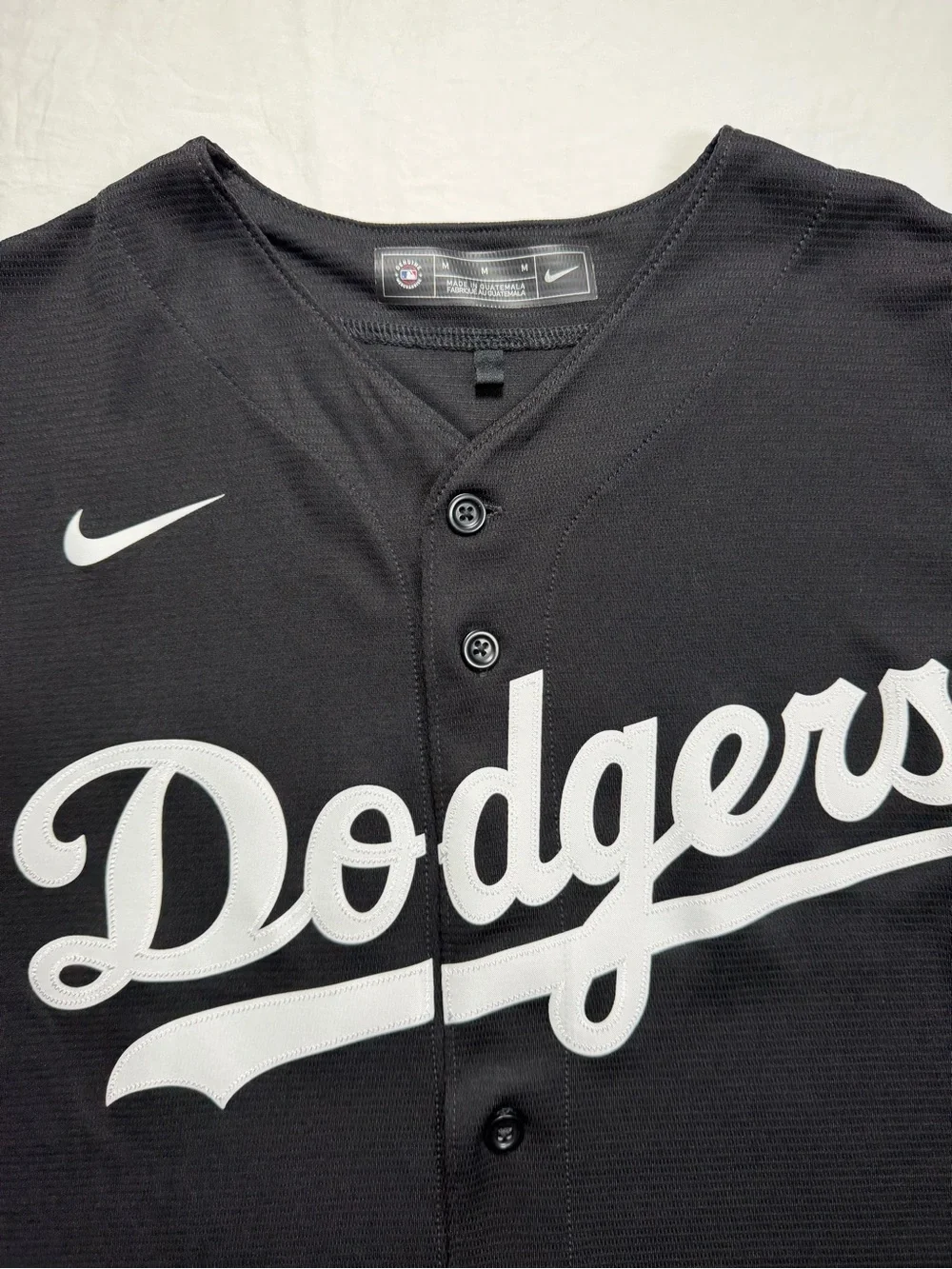 Nike Black Dodgers Button-Front Baseball Jersey with White Script